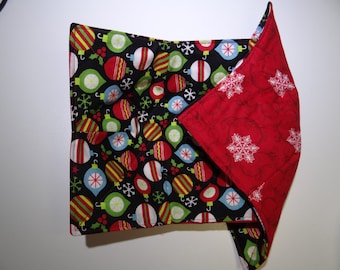 Colorful Christmas ornaments and white snowflakes reversible microwave bowl cozies