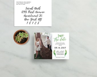 simple modern save the dates // green watercolor foliage leaves // brush hand lettering calligraphy // PRINTED save the date magnets cards