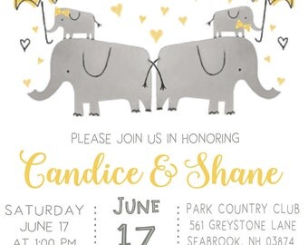 Co-Ed Twins baby shower invitation and book card insert, elephant with yellow umbrella, baby book card