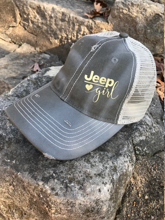 Jeep Girl Trucker Hat Olive and Gold Destroyed Style Mesh