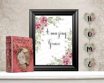 Christian Digital Printable, Christian Wall Art, Amazing Grace, Floral Wall Print, Digital Wall Art. No. Q113