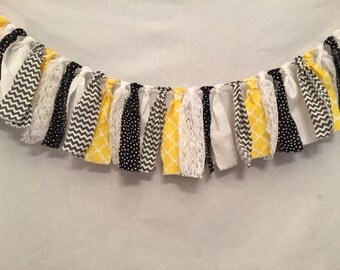 Fabric Bunting/Yellow Fabric Garland/Black Garland/Hanging Party Decor/Baby Shower Decor/Barn Wedding Decor/Fabric Tassel Garland