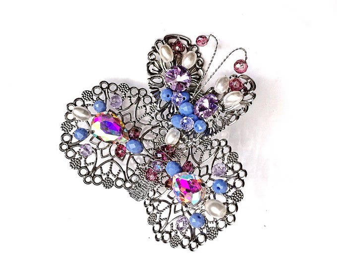 Silver Purple Blue metal Filigree Pretty Butterfly Hair Clip Jewelry Wedding Bridesmaid gift for mom girlfriends baby Barrette spring Summer