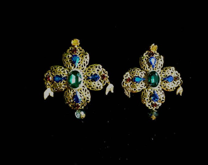 Baroque Cross Dolce Earrings Chandelier Gold Earrings Large Corss Swarovski Earrings Green Blue Red Womens Gift Byzantine Earrings Dangle