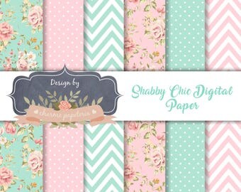 SALE Sea Green & Pink shabby chic digital paper, floral pink and aqua paper, floral paper, shabby chic paper, floral aqua paper, chevron