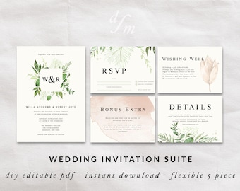 Editable wedding invitation, Green leaf border, Watercolor invites, Floral Wedding, Digital Printable File, Instant Download PDF Template
