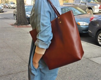 Soft Italian Leather Women's Handbag/ Brown Leather Tote/ Genuine Leather Shopper/Raw Edged Shopper