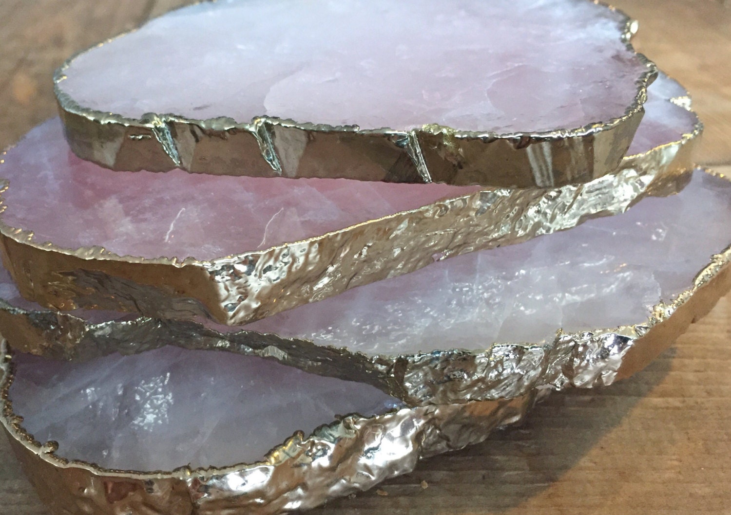 Set of 2 Brazilian Rose Quartz Coasters/ Gold Plated/ Lucent