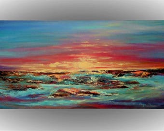 Original abstract painting unique gift bridesmaid gift Seascape Sunset art canvas wall decor Blue Pink Orange landscape painting Sea art