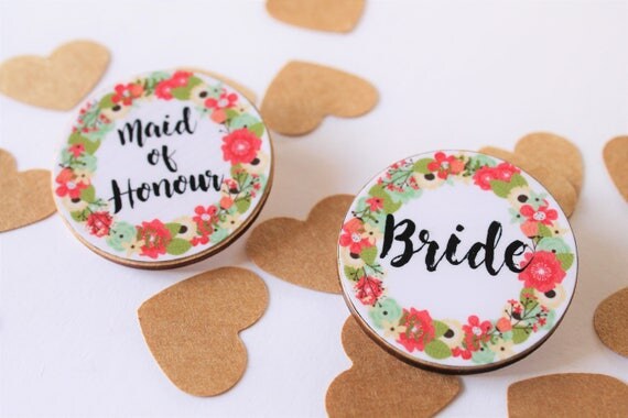 Coral and Green Floral Wreath Rustic Wooden Party Badges