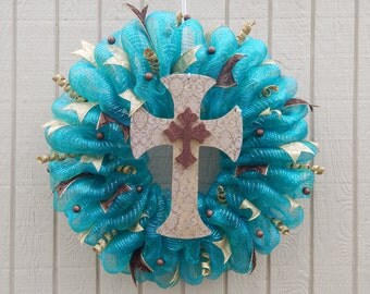 Spring Mesh Wreath, Spring Wreath, Mesh wreath, Summer Mesh Wreath, Cross Wreath