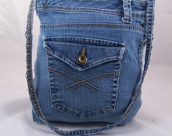 Items similar to Jean Purse made from upcycled blue jeans, crocheted ...