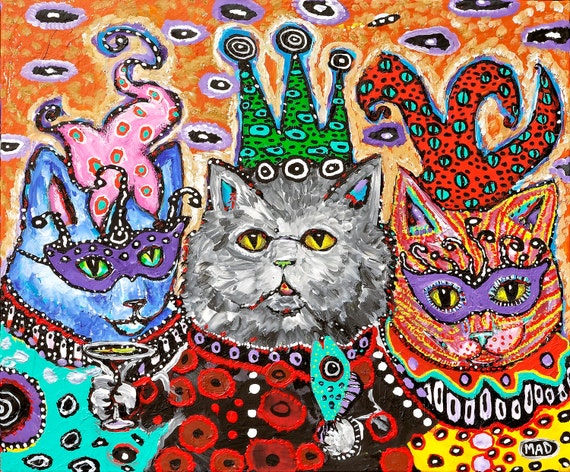 Mad Cat Poster - Cat Art Posters - Funny Cat Posters - Funny Bathroom Art - Cat Wall Decor - Cat Wall Art - Cat Painting - Mardi Gras Art
