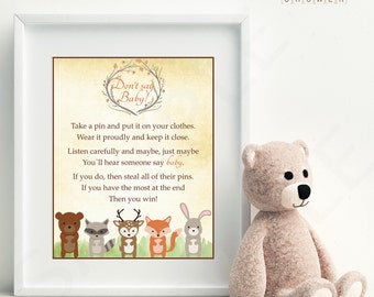 Woodland Baby Shower Games, Don't Say Baby, baby shower printable, clothes pin game, woodland animals baby shower printable download WD01