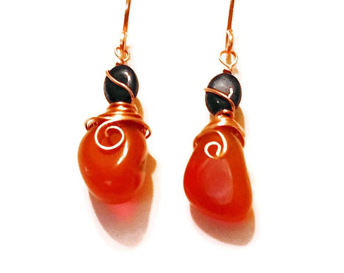 Black and Orange Fire Agate Earrings, Sacral Chakra Jewelry, Gemstone and Copper Earrings, E005