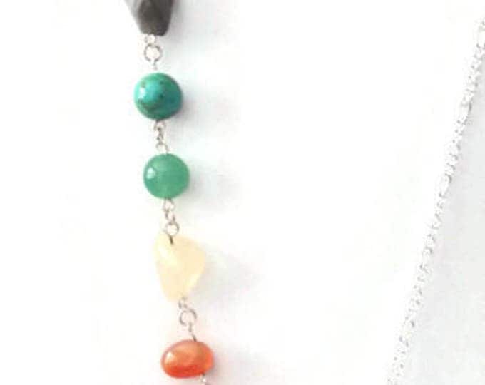 7 Chakra Necklace with Clear Quartz Crystal Focal