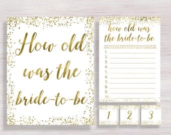 How Old Was the Bride-to-be, Funny Bridal games, Gold Bridal Shower Sign, Wedding Activity, Bachelorette party ideas, Guess The Bride's Age