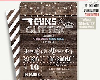 Guns or Glitter invitation, Printable Gender Reveal template, Instant download Self Editable PDF File A252