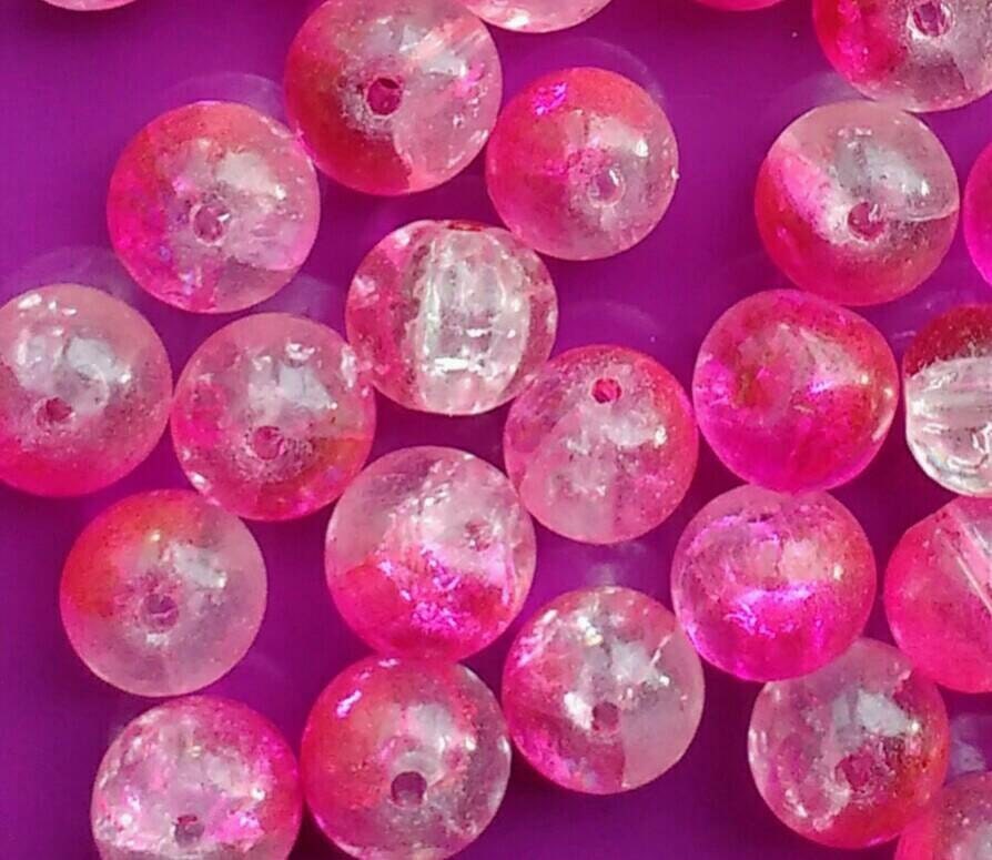 50x Pink glass beads 6mm crackle round ball shiny drawbench jewellery