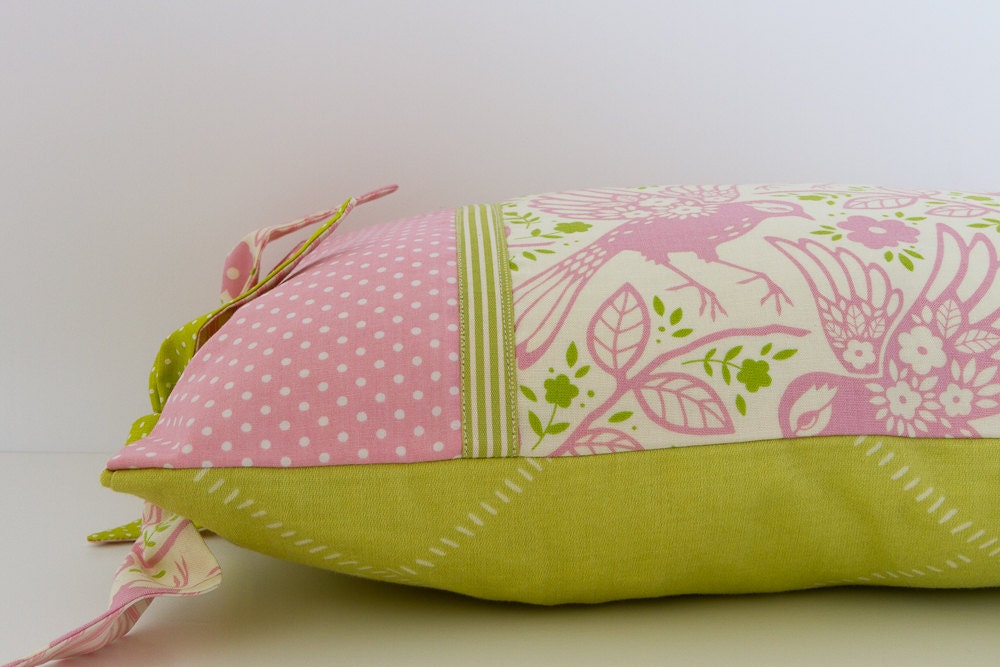 Pale Pink and Green Cushion Rectangular Cushion Bird