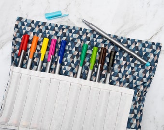 Blue Triangles Pen Roll - pencil roll - roll up pencil case - pencilcase - makeup brush roll - paint brush roll - school supplies