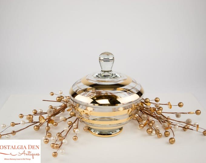 Vintage Crystal Jar | Gold Banded MCM Dish with Lid