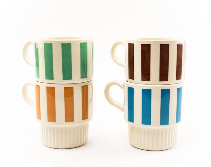 Retro Stackable Mugs | MCM Striped Set Of 4 | Retro Kitchen Decor