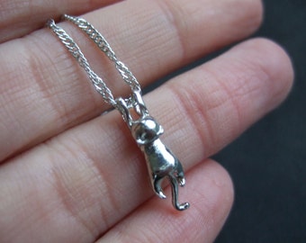 Climbing cat necklace, sweet silver plated cat necklace, small cat pendant silver, cat loverjewelry, 3d cat, hanging cat silver, kitten gift