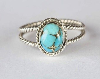 Chunky Blue Copper Turquoise Ring, Pure 925 Sterling Silver Ring, Twisted Band Ring, Healing Ring, Good Fortune Ring, Turquoise Ring