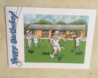 Handmade Happy Birthday card 3D decoupage humourous female bowls player 7" x 5" amusing comical funny bowling crown green