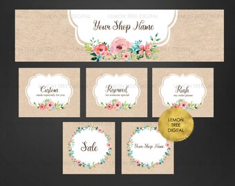 Etsy banner set, etsy shop set, kraft banner, floral banner, floral cover photo, etsy graphics, etsy set, floral etsy set, kraft etsy set