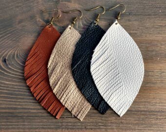 Feather Earrings - One Side Fringed Leather Earrings - Big Earrings - Leather Dangle Earrings