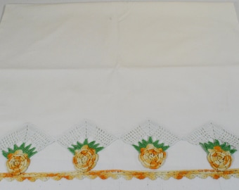 Vintage Orange Crocheted Roses Pillowcase with Crochet Trim 31" x 21" Mid Century