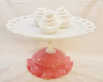 Vintage Milk Glass Cake Stand, Pink and White Cake Stand, Pink Wedding, Cake Pedestal, Cupcake Pedestal, Dessert Stand, Custom Cake Stand
