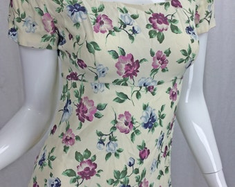 90's Long Floral Dress, Short Sleeves, Zipper on Back with Shoulder Pads by All That Jazz