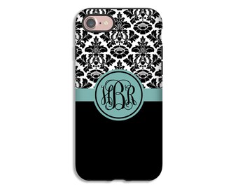 Black Damask Monogram iPhone 7 case, damask iPhone 7 Plus case, teal monogram iPhone 6s Plus case/6s case, 3D iPhone case, iPhone SE case