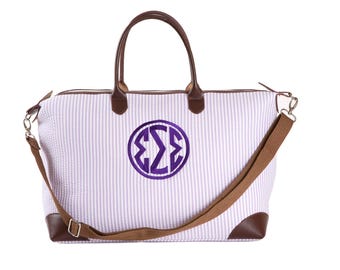 SSS Sigma Sigma Sigma Sorority Embroidered/Monogrammed Seersucker Satchel.