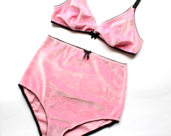Velvet Lingerie Set in Baby Pink - Lingerie Set -Pink velour bra and high waisted knickers velvet underwear