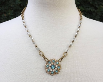 Vintage Assemblage Necklace with Repurposed Vintage Blue and Clear Rhinestone Flower Brooch and Czech Glass Beaded Chain