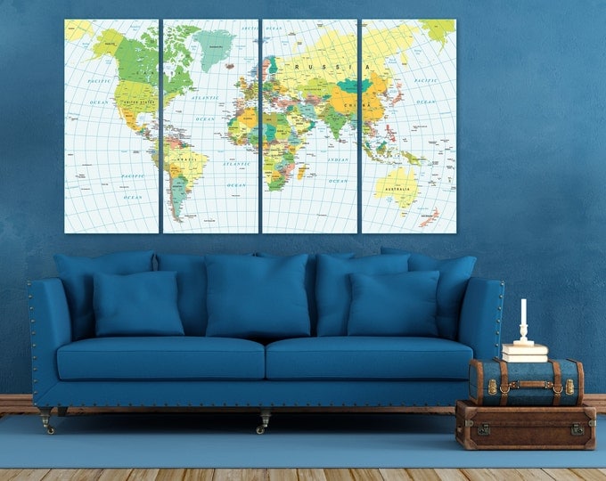 Geographic map of the world, travel map, push pin world map, office and home wall art decoration, world map countries