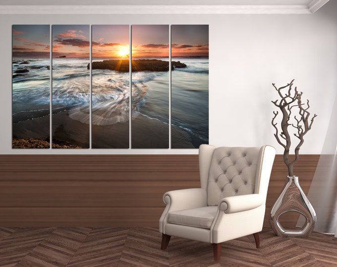 Rocky shoreline nature photography wall art, beach rocks of sunset bay wall decor, coast sunset photography prints on canvas wall art