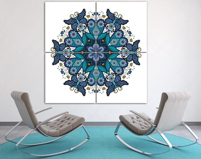 Blue bohemian wall art mandala canvas set, abstract original painting flower wall art print, home decor floral mandala wall art
