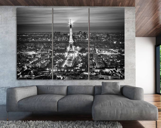 Night Eiffel Tower Paris photography large wall art print, black and white travel photo Paris decor Paris photo art print on canvas wall art