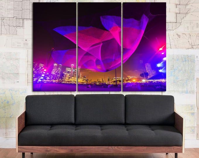 Light panorama in Singapore, Large Abstract Night city photo canvas print, esplanade night, modern art canvas