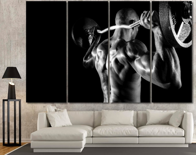 Large black and white gym wall art motivation photography canvas print set of 3 or 5 panels, modern fitness studio wall decor motivation art