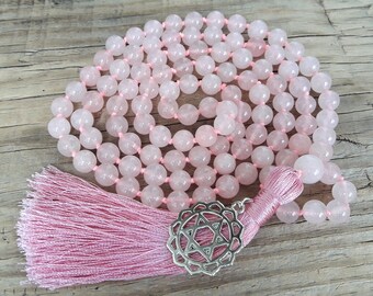 Rose quartz 108 mala beads necklace yoga jewelry heart chakra necklace knotted mala necklace 108 mala prayer beads tassel necklace japa mala