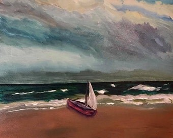 Original Oil Painting of Sailboat on Beach