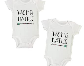 Adorable Twins Onesies Set - Toddler Newborn Set - "Womb Mates" Funny twin set - Pregnancy Gift B511