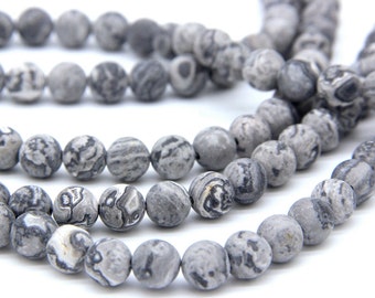 Matte Gray Picture Jasper Beads 6mm 8mm 10 12mm Gray Map Jasper Beads Scenery Jasper Beads Natural Gray Beads Gray Mala Beads Gray Gemstones