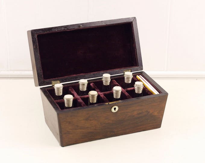 Antique tea caddy, aromatherapy perfume kit, witch kit gift box, chemistry alchemy set, wooden bath salts caddie, sarcophagus shaped case